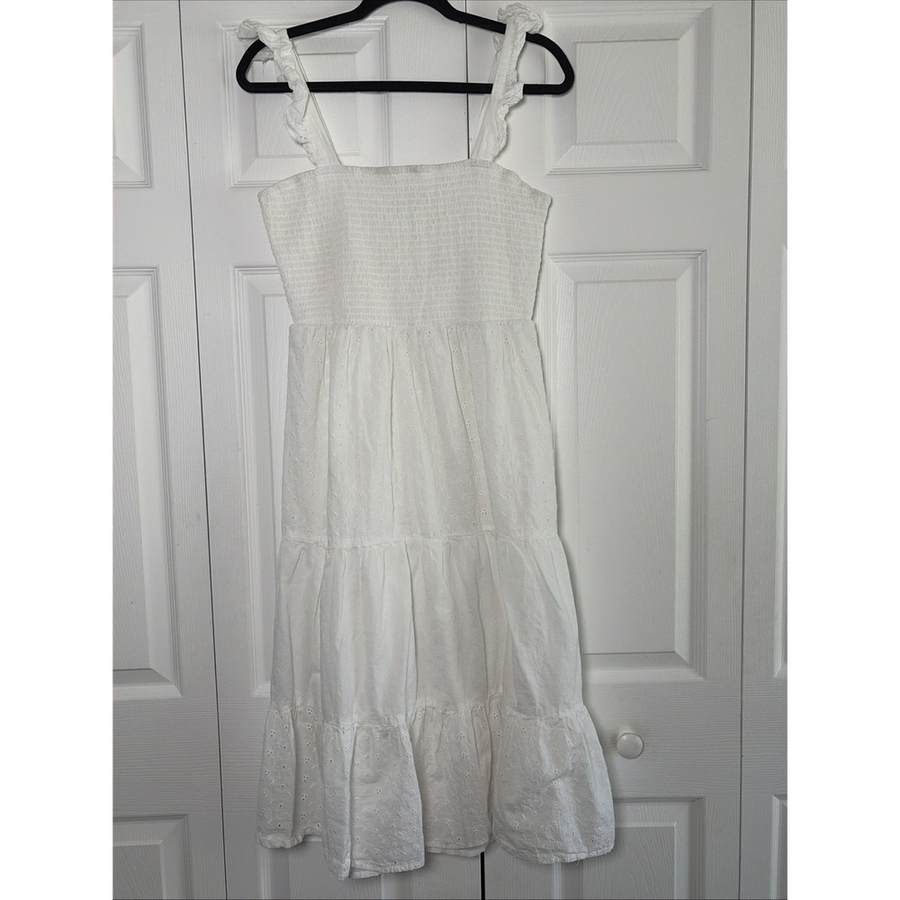 Indulge In Style Eyelet Tiered Midi Dress Womens Size L White Boho Ruffle Cotton